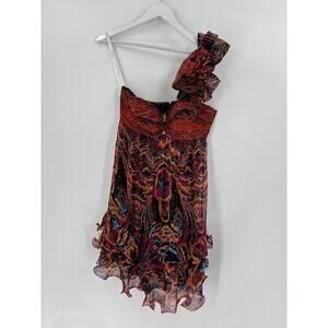 Diane Freis Dress Womens 6 Red Orange Black 100% Silk Sequins Beaded Ruffles